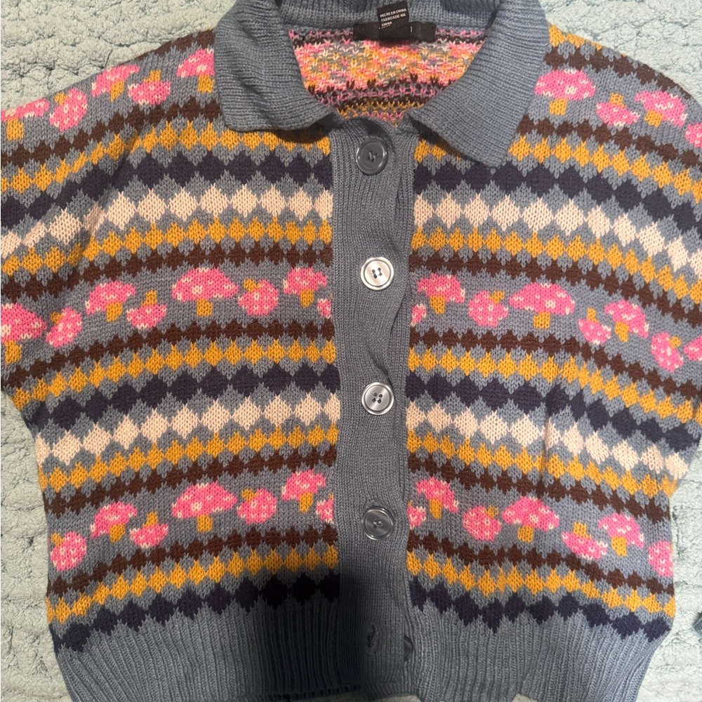 Forever 21 Gray Argyle Cardigan with Pink and Yellow Accents